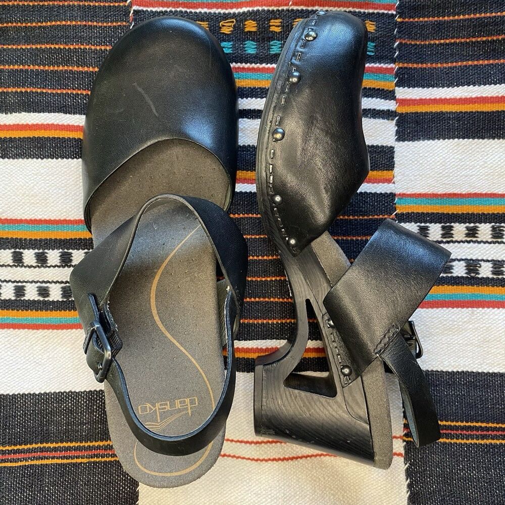 Dansko Black Thea Slingback Leather Studded Cutout Wooden Clogs. Size 40/9.5.